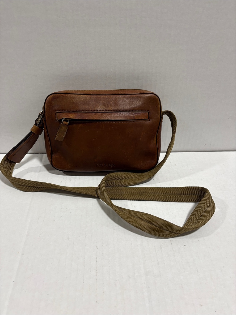 Vintage Prada Brown Leather Crossbody/Messenger Bag with Olive Strap